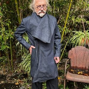 Elliot Evan Heavy Denim Men's Trench with Oversized Asymmetric Lapel w/ zip cuff